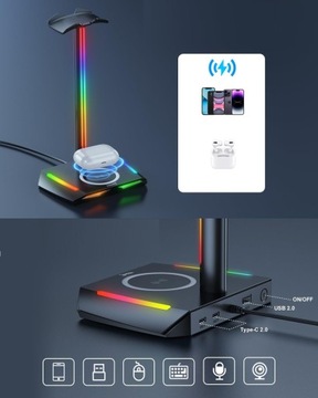 ПОДСТАВКА ДЛЯ НАУШНИКОВ FEEGAR HOLD Концентратор с RGB-подсветкой, 3x USB Type-C, индукционный