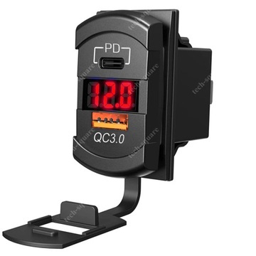 Gniazdo montażowe USB QC3.0 18W + PD 36W 12-24V Woltomierz