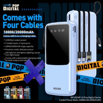 Powerbank 20000 мАч с USB-C/Lightning/Micro USB + кабелем USB-A WEKOME