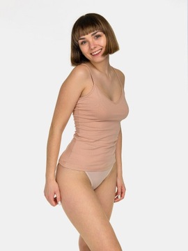 BLUZKA DAMSKA NA RAMIĄCZKACH KOSZULKA TOP GŁADKA BAWEŁNIANA BASIC BEŻOWA M