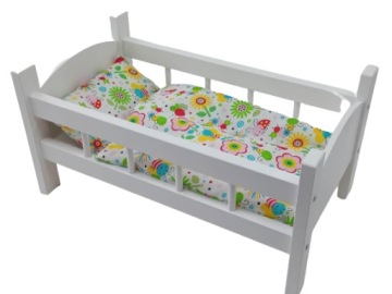 DUŻE ŁÓŻECZKO DREWNIANE dla lalek POŚCIEL 3 EL.