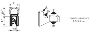 Краевое уплотнение с верхним пузырьком EPDM, диапазон 1-3,5 мм 11,3x11 10,7x11
