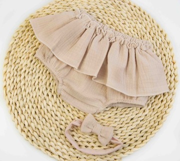 BLOOMERSY MUŚLINOWE Z FALBANKAMI + OPASKA 68-74