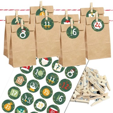 KALENDARZ ADWENTOWY DIY - TOREBKI + NAKLEJKI + KLAMERKI - ZESTAW XXL