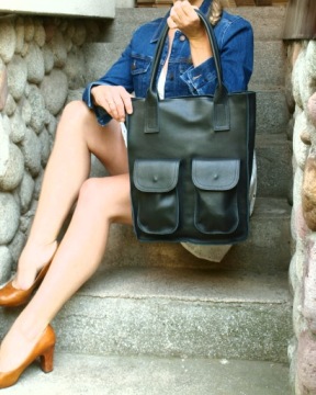 Черная кожаная сумка-шоппер, натуральная кожа