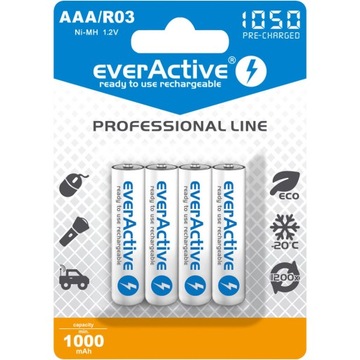 4X AKUMULATORKI AKUMULATORY AAA LR03 LR3 R3 NI-MH EVERACTIVE 1,2V 1050MAH