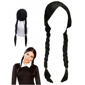 PERUKA WEDNESDAY ADDAMS CZARNA UNIWERSALNY ROZMIAR BŁYSZCZĄCA COSPLAY 56CM