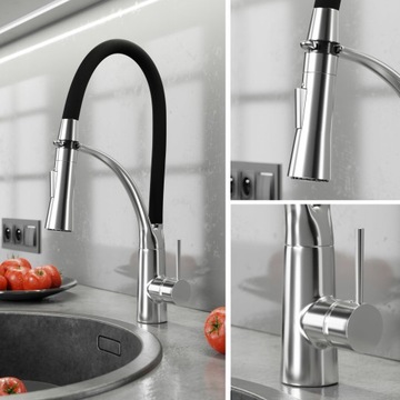 BATERIA KUCHENNA STOJĄCA WYCIĄGANA WYLEWKA KRAN CZARNA ELASTYCZNA OBROTOWA