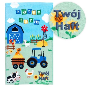Ręcznik z haftem imię do przedszkola 30x50 Farma wieś traktor happy