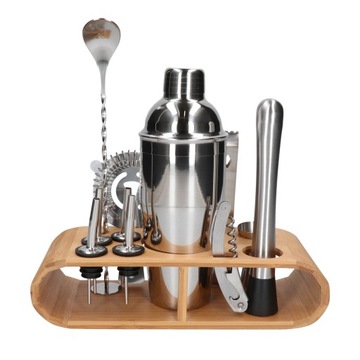 DUŻY ZESTAW barmański SHAKER dozownik do alkoholu KORKOCIĄG 12el STOJAK