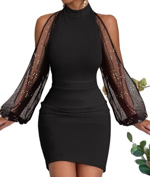 SUKIENKA MINI CZARNA Z LUŻNYMI RĘKAWAMI SIATECZKA WIECZOROWA M 38 L XL