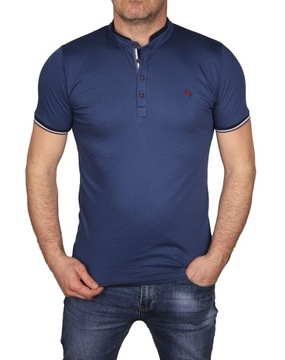Koszulka męska elegancka niebieska Polska guziki stójka T-shirt bawełna XL