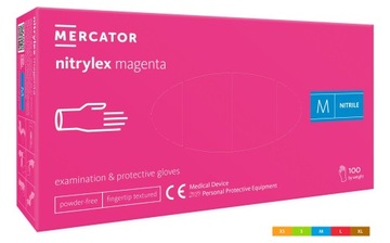 RĘKAWICE NITRYLOWE RÓŻOWE BEZPUDROWE, MERCATOR MAGENTA Rozmiar M, 100sztuk.