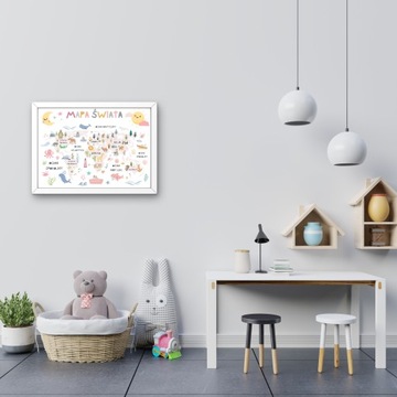 PLAKAT MAPA ŚWIATA ZWIERZĘTA DLA DZIECI + RAMKA A3