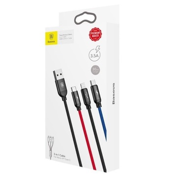 ТЕЛЕФОННЫЙ КАБЕЛЬ BASEUS 3 В 1 USB TYPE C LIGHTNING MICRO USB QC 3,5 А 0,3 М