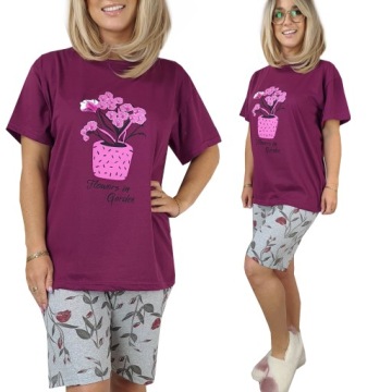 DAMSKA BAWEŁNIANA PIŻAMA W KWIATY Spodenki RYBACZKI DUŻE ROZMIARY #2XL