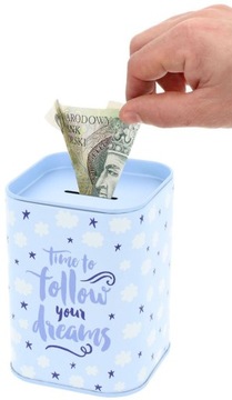 ПРЯМОУГОЛЬНАЯ МЕТАЛЛИЧЕСКАЯ КОПИЛКА ОТКРЫТАЯ ДЛЯ ДЕНЕГ, СИНЯЯ БАНКА