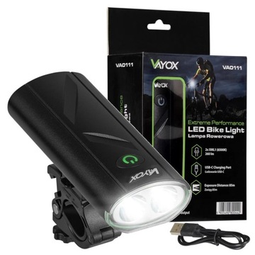 Światło rowerowe lampka LED AKU 1200mAh USB 260lm lampa przednia VAYOX