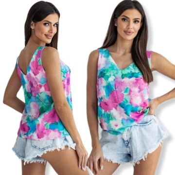 ФУТБОЛКА ЖЕНСКАЯ, БЛУЗКА БЕЗ РУКАВОВ, ЦВЕТА С ТРОПИЧЕСКИМ ПРИНТОМ