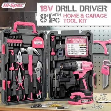 Высококачественный набор розовых инструментов из 81 предмета с розовой дрелью/отверткой.