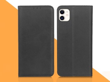 ETUI Z KLAPKĄ DO IPHONE 11 CZARNE ZAMYKANE MAGNETYCZNE KABURA FLIP + SZKŁO