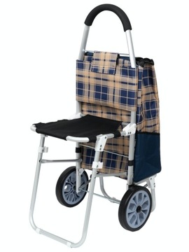 Большая алюминиевая тележка для покупок со складным стулом и сиденьем.