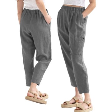 Letnie casual damskie lniane spodnie z kieszeniami oddychająca luźny, XL