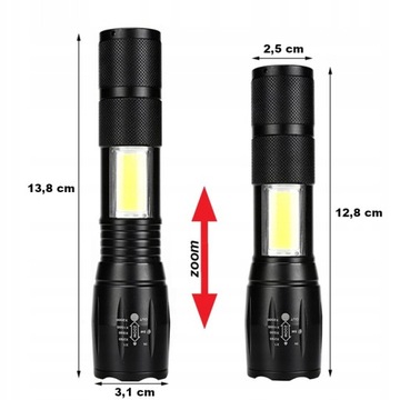 ТАКТИЧЕСКИЙ ФОНАРЬ АЛЮМИНИЕВЫЙ ЗУМ XPE + COB + USB-КАБЕЛЬ