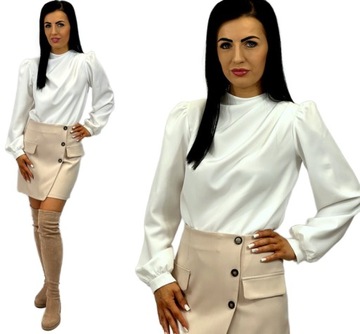 ELEGANCKA MODNA BLUZKA KOSZULA Z ZAKŁADKAMI ECRU L