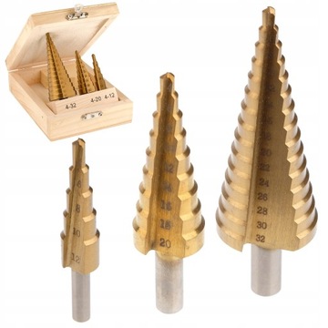 WIERTŁA STOŻKOWE STOPNIOWE DO METALU ZESTAW 4-32MM