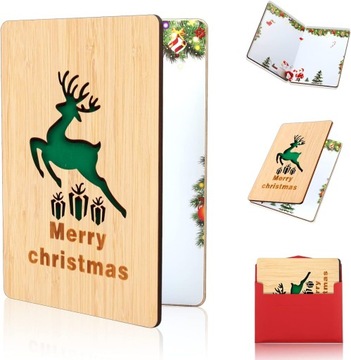 KARTKA ŚWIĄTECZNA ŻYCZENIA ŚWIATECZNE DREWNIANA RENIFER KOPERTA
