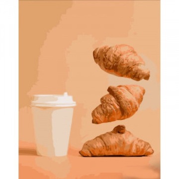 MALOWANIE PO NUMERACH obraz na prezent, Croissanty i kawa z sobą 40x50