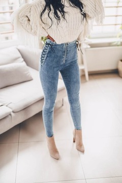 Jeansowe spodnie damskie tregginsy z wiązaniem po bokach wysoki stan ZIP L