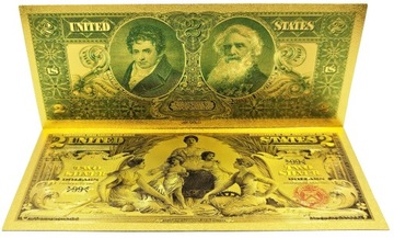 Уникальная позолоченная банкнота 2 ДОЛЛАРА 1896 года