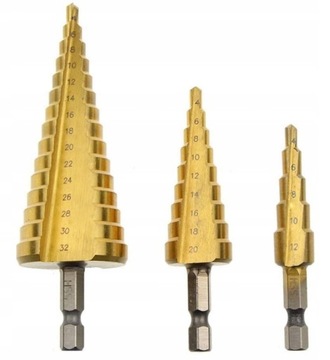 WIERTŁA 3 SZTUKI STOŻKOWE STOPNIOWE DO METALU ZESTAW WIERTEŁ 3EL HEX 4-32MM