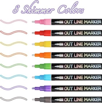 MAGICZNE MAZAKI PISAKI BROKATOWE KOLOROWE METALICZNE PODWÓJNA LINIA 8szt