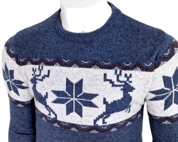 Sweter męski wełniany w renifery W442 ciepły niebieski świąteczny r. M