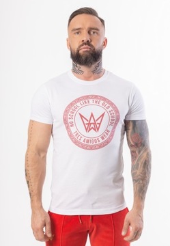 Biały T-Shirt Basic Slim fit z Czerwonym Nadrukiem