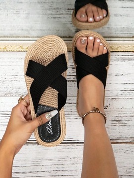 SHEIN CZARNO BEŻOWE LEKKIE KLAPKI Z PRĄŻKOWANYMI PASKAMI 40 52526