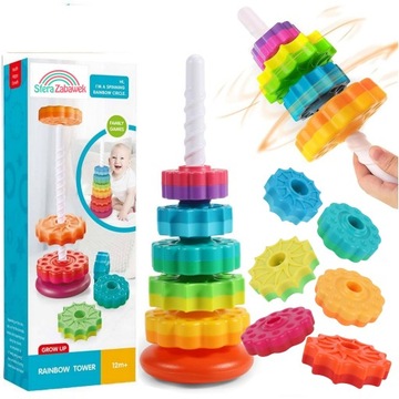 ZAKRĘCONA PIRAMIDA WIEŻA TĘCZOWA MONTESSORI EDUKACYJNA NAJWIĘKSZA XXL 41CM