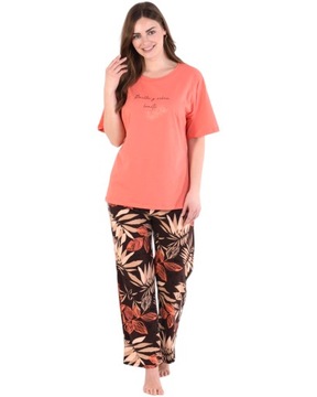 Piżama damska bawełniana koszulka długie spodnie pomarańczowa w kwiaty 3XL