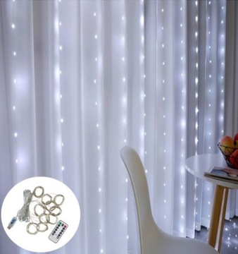 Kurtyna Świąteczna LED 3x3m 300 Mikro Lampki USB Pilot Haczyki Zimne Białe