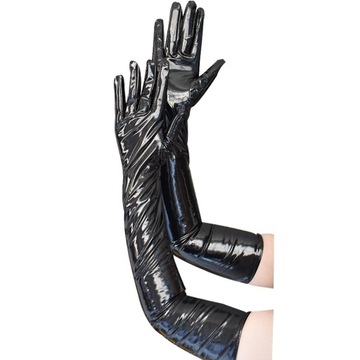 Dorosłe seksowne długie czarne rękawiczki lateksowe metaliczne mokre