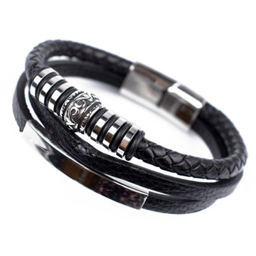 ЧЕРНЫЙ кожаный браслет, ХИРУРГИЧЕСКАЯ СТАЛЬ 316L