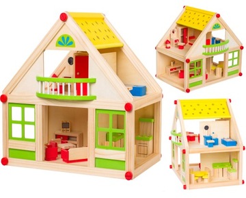 DUŻY DREWNIANY DOMEK dla Lalek Piętrowy TARAS DIY do złożenia + Meble