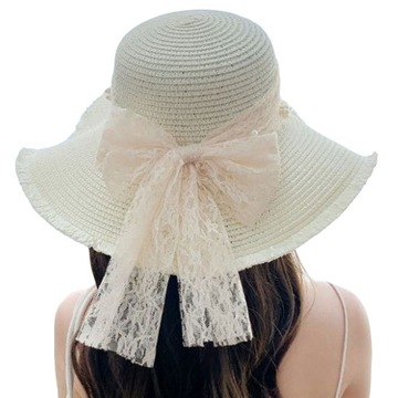 Women Straw Hat Lace Bow Faux Pearl Decor Beach Sun Hat Wide