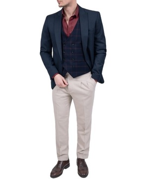 Kamizelka męska elegancka granatowa w krate do garnituru wizytowa - 48