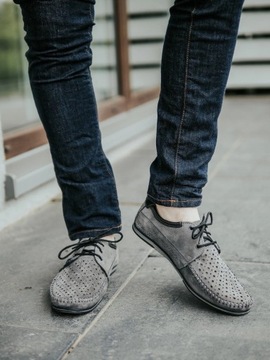 Buty męskie skórzane mokasyny sznurowane na lato ażurowe 875L szare 41