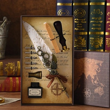 Vintage Calligraphy Feather Dip Fountain Pen Sets Ink Stationery Quill