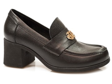 półbuty damskie Lemar skórzane Czarne na niskim obcasie Komfortowe buty
